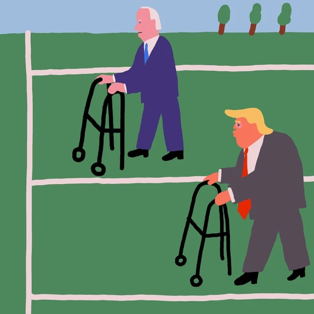 Illustration depicting two elderly men with fair skin, wearing suits, using walkers on a field of green underneath a blue sky.