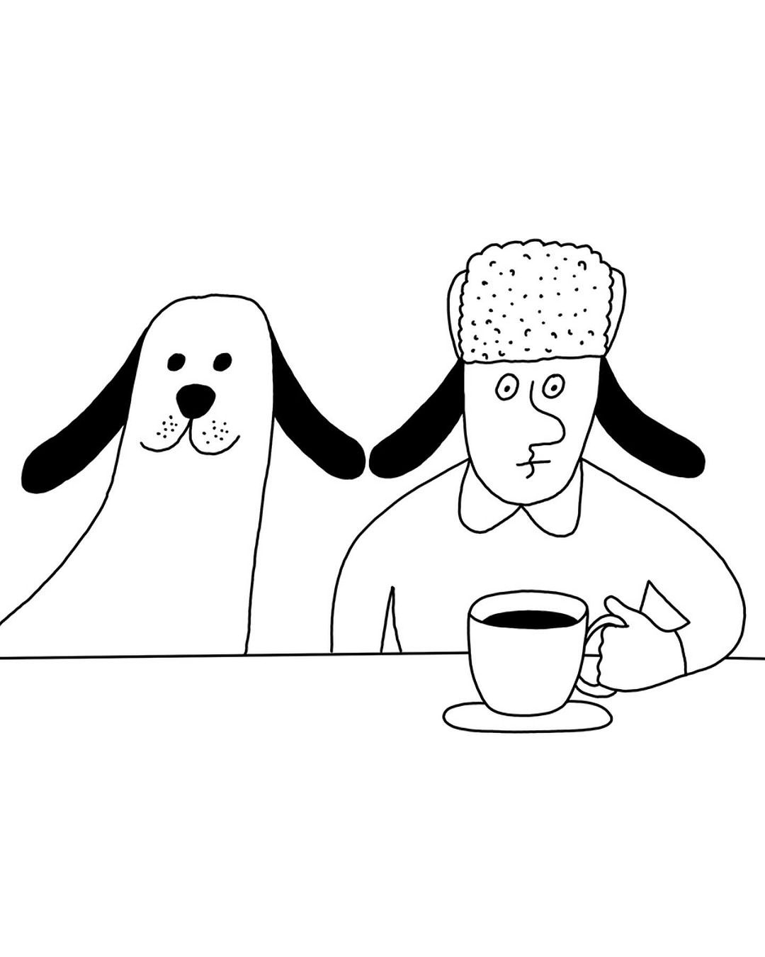 Stylized black and white illustration of a person in a winter hat next to a dog and a coffee cup on a white background.