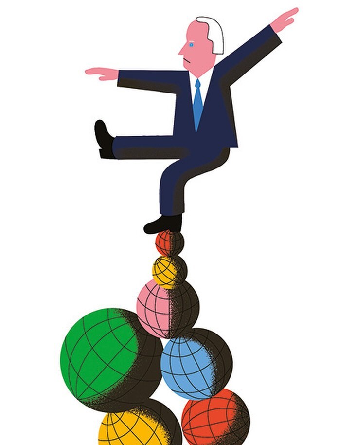 Illustration of a businessman balancing on a stack of colorful, globe-like balls, wearing a suit and tie against a white background.