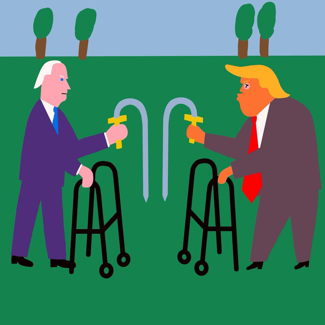 Illustration of two elderly men in suits holding fencing swords, standing in a green park with walkers, and preparing to duel.