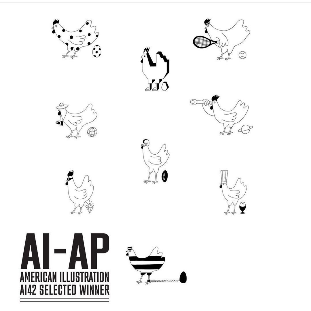 Illustration featuring nine whimsical chicken drawings engaged in activities like playing tennis, soccer, and looking through a telescope.