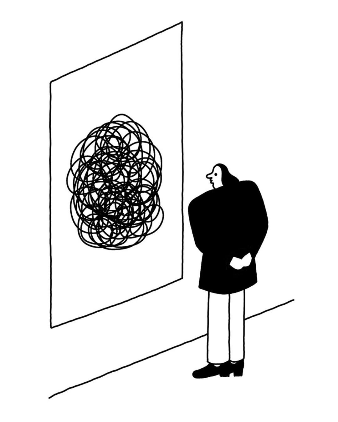 Stylized art illustration of an adult looking at a large scribbled art piece in an art gallery, featuring black lines on a white backdrop.