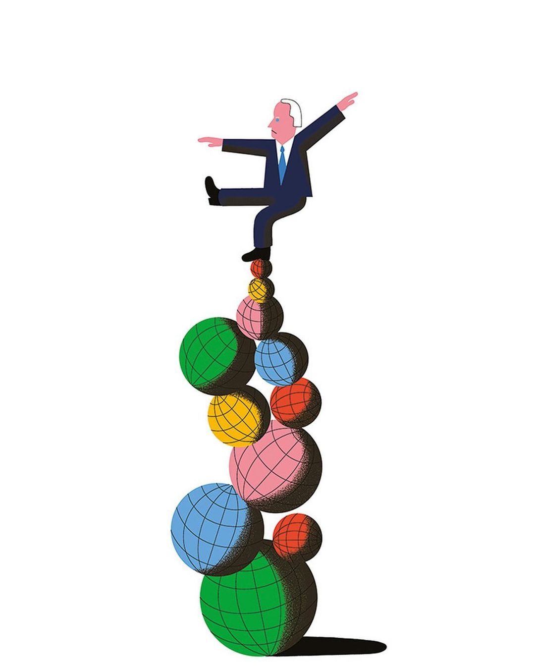 Illustration of a businessman balancing on a stack of colorful globes against a white background, conveying themes of risk, stability, and business.