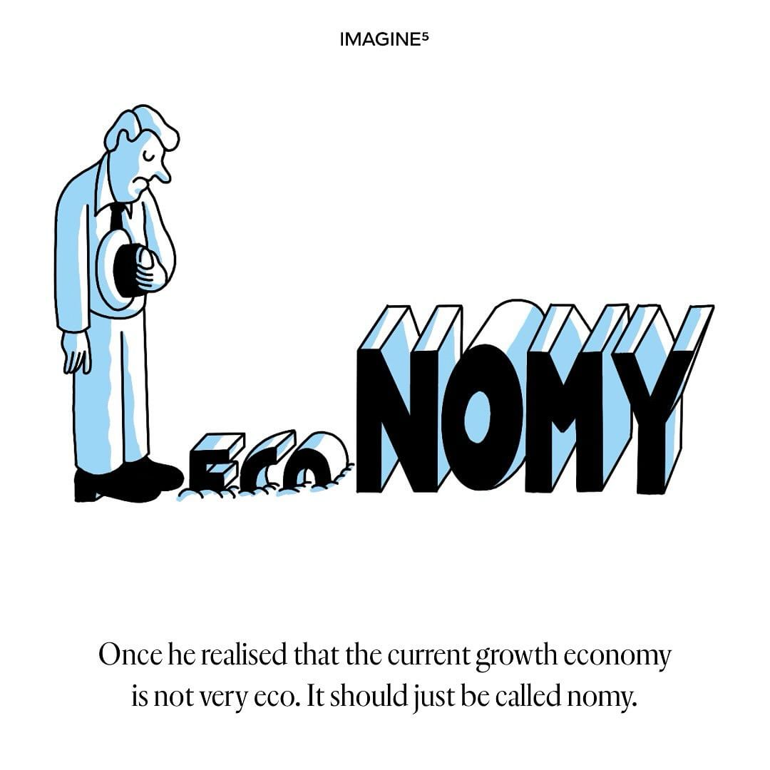 Illustration of a cartoon man in a suit with the word "ECONOMY" broken so only "NOMY" remains, set against a white background.