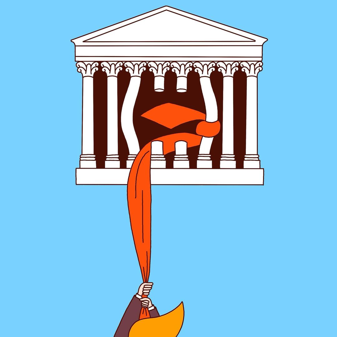 Illustration of person pulling orange graduation cap from building with columns against a blue background. Art and design.