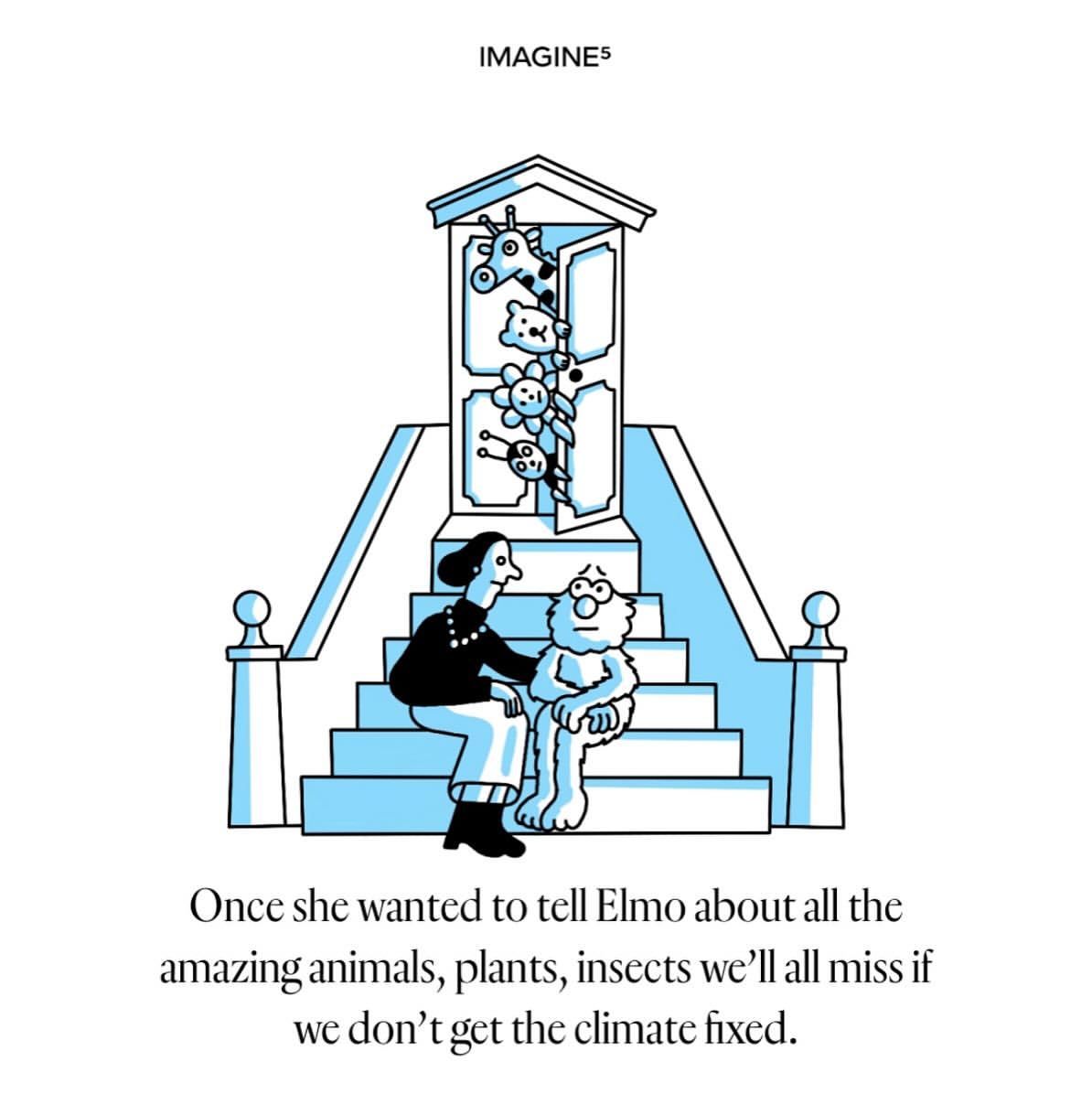 Cartoon illustration of a woman sitting next to Elmo on steps leading to a doorway full of stuffed animals; climate change message.