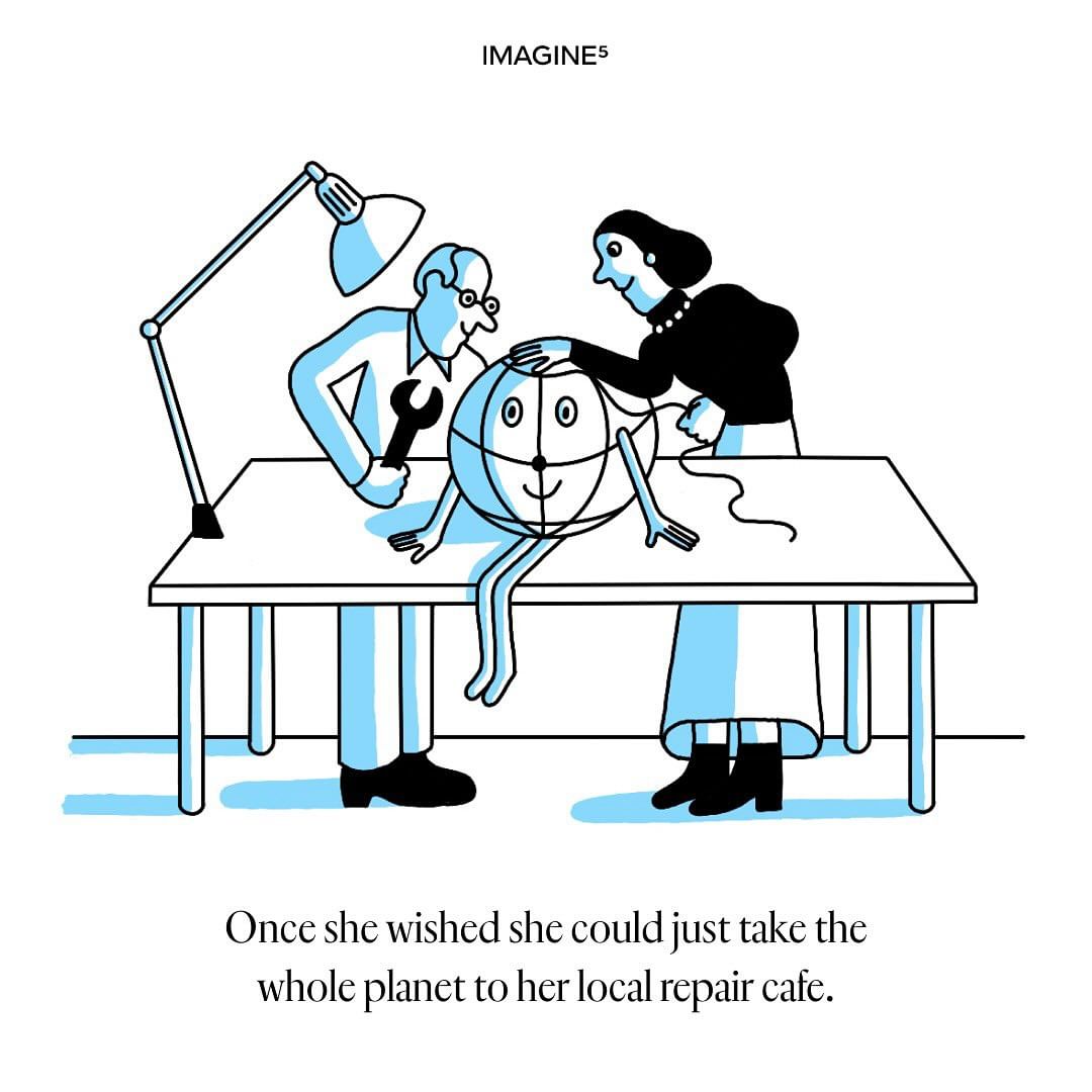Illustration of two people repairing a globe with tools at a table, featuring an overhead lamp in a minimalist style.