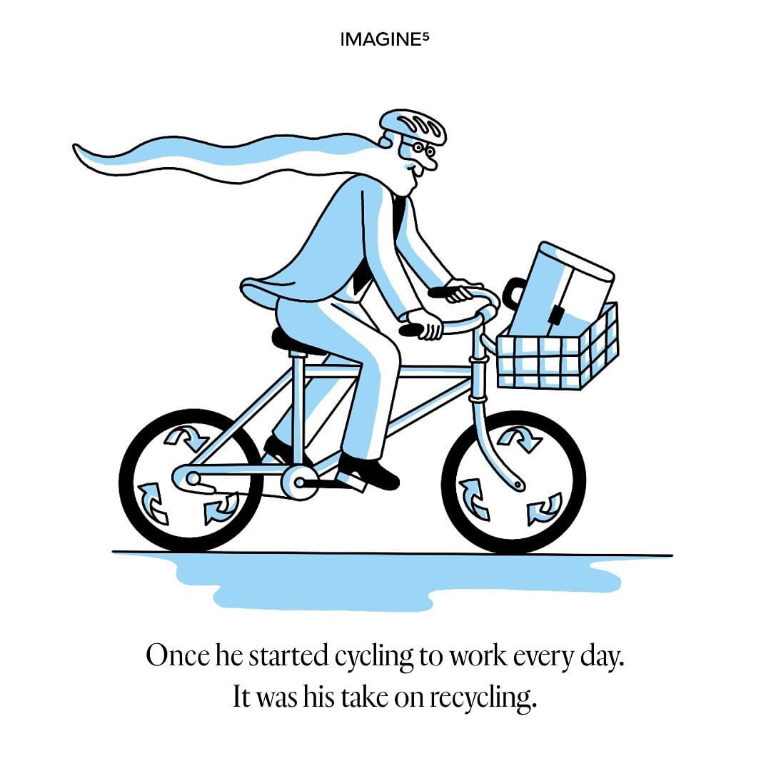 Illustration of a man in a business suit cycling with a briefcase in a bicycle basket, rendered in black line art and light blue.