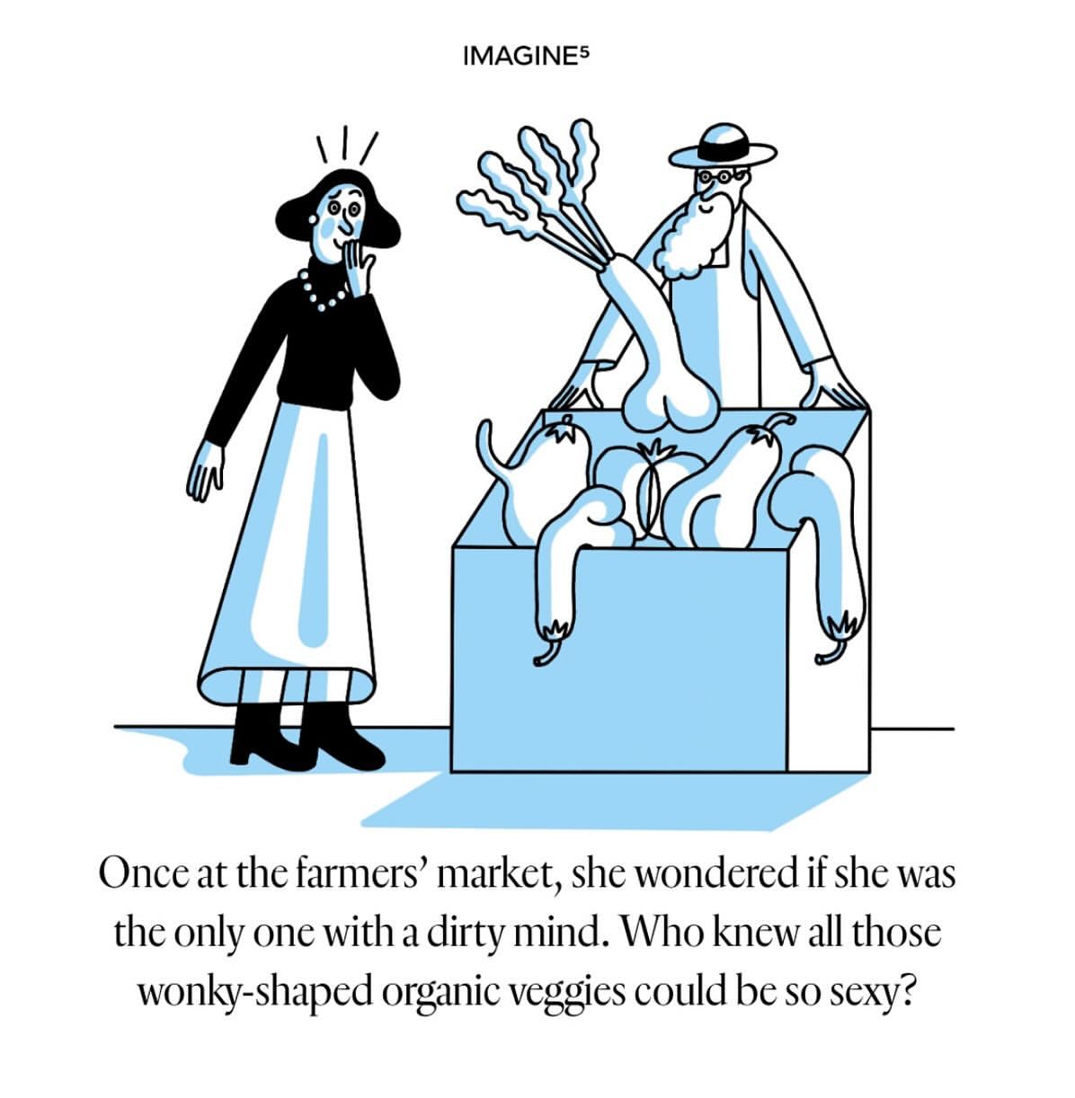 Cartoon illustration featuring a surprised woman at a farmers market with an elderly bearded farmer and suggestive-shaped produce in a box.