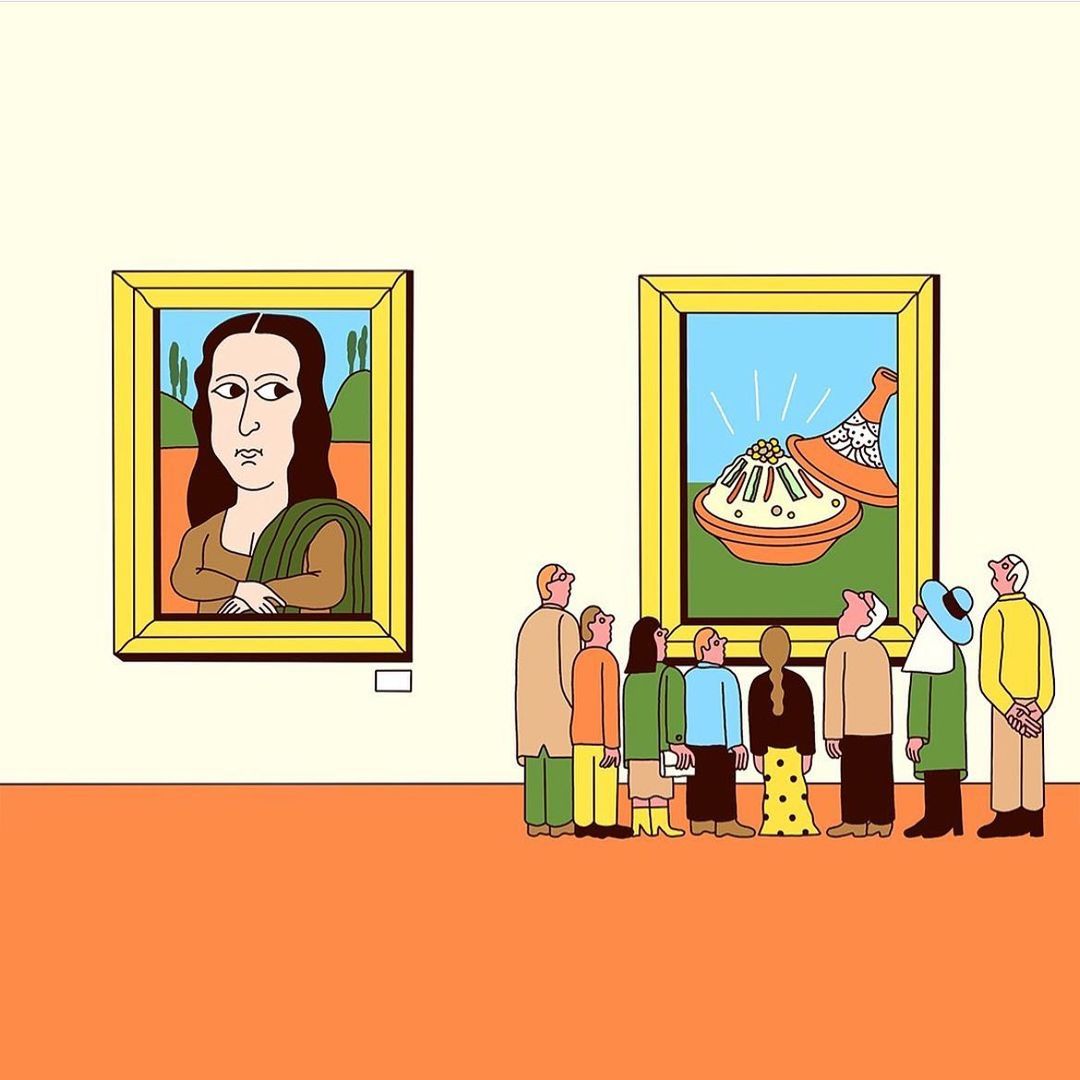 Group of people looking at an illustration of the Mona Lisa and a food dish in an art gallery setting, on a light background.