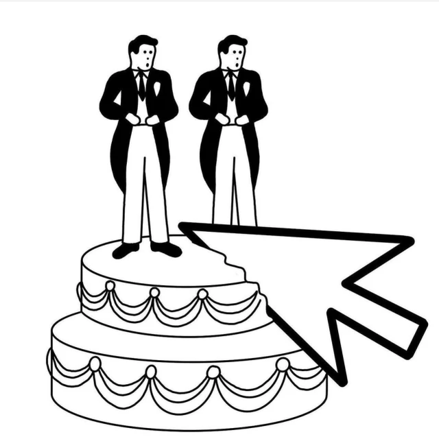 Illustration of two grooms on a wedding cake, with a large computer cursor hovering over it. Black and white illustration.