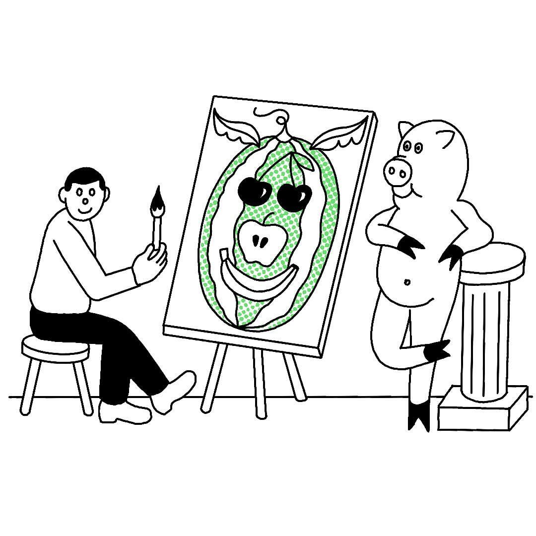 Illustration of an artist painting a portrait of a pig made of fruits, showing watermelon, cherries, apple, and banana against a white backdrop.
