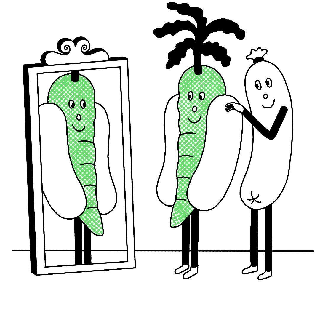 Cartoon illustration features anthropomorphic hot dogs in a simple setting, one admiring its reflection and another adjusting its attire.