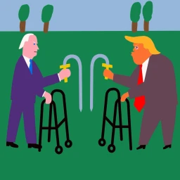 Digital illustration by Antonio Giovanni Pinna of two men facing each other using walkers and holding canes in a green field.