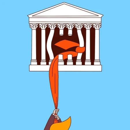 Digital illustration of a classical temple with bent columns pulling apart, a red ribbon cascading downward into hands.