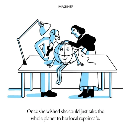An illustrated scene by Antonio Giovanni Pinna showing two people repairing a globe character at a workbench.