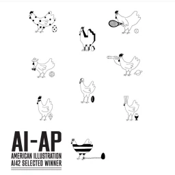Black and white vector illustrations of chickens in various styles and roles arranged on a white background