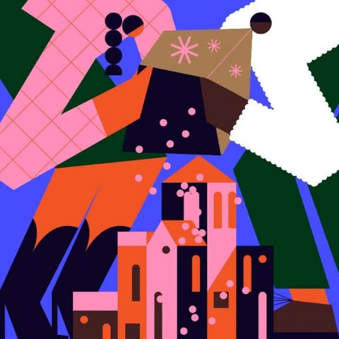 Stylized illustration featuring a building with snow falling from a geometric shape in an abstract composition on a blue background.