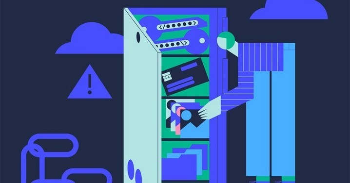 Abstract vector illustration of a person placing objects in a light-blue safe, set against a dark background with blue cloud shapes.