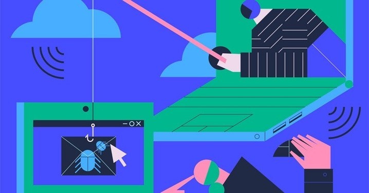 Illustration of a person interacting with a laptop showing a phishing email with a hook and bug icon against a blue background.