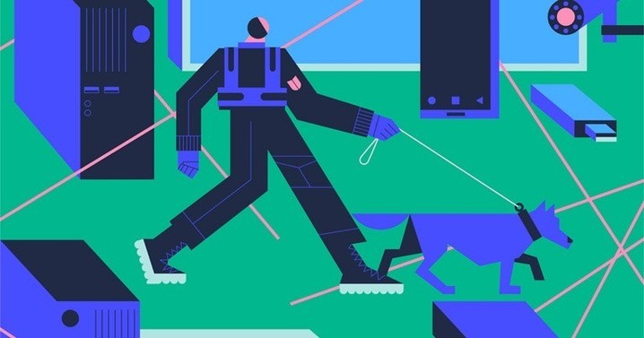 Illustration of a man walking a dog, set against a green backdrop with blue objects including a desktop computer and smartphone.