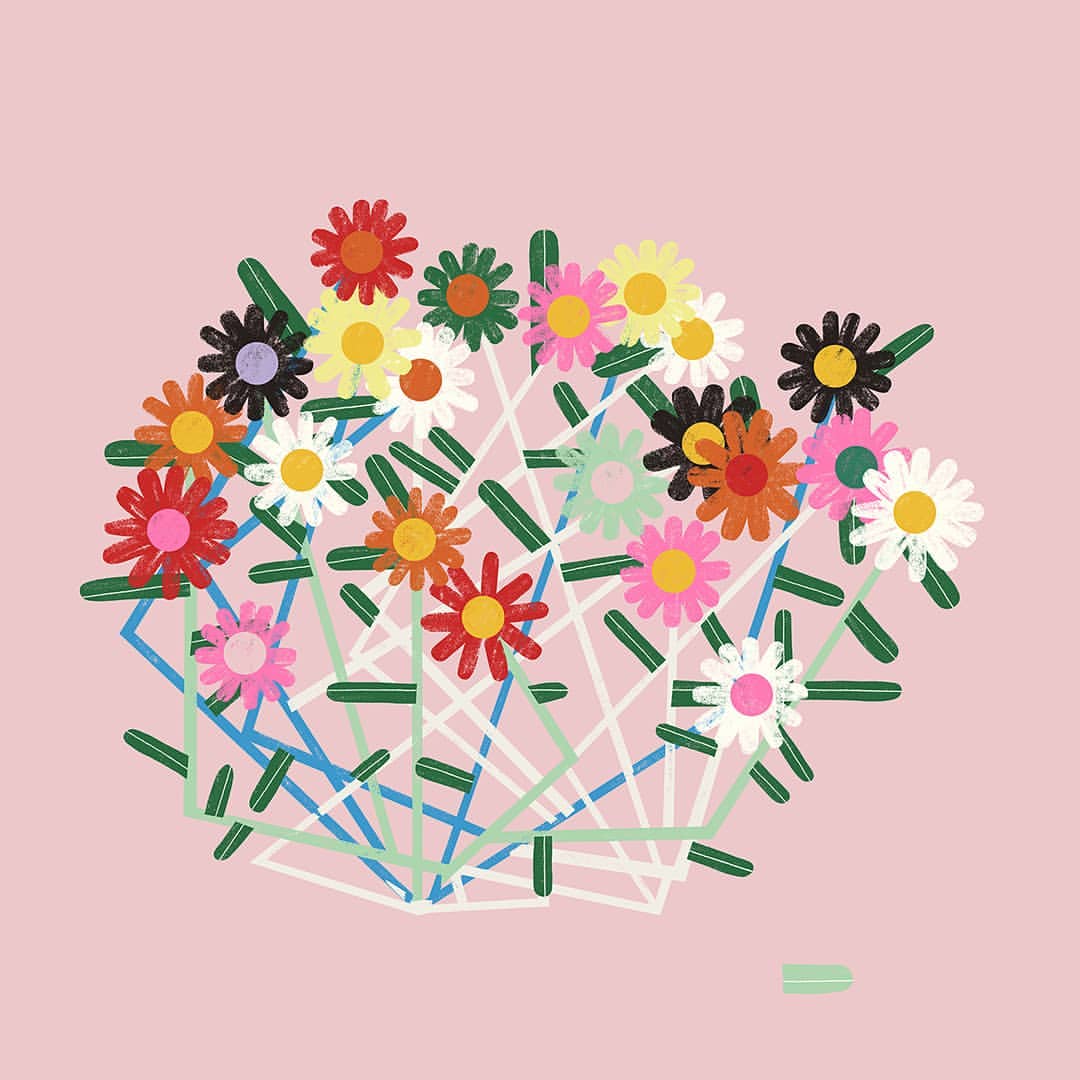 Illustration of colorful daisy flowers in a whimsical arrangement on a pink background, showcasing bright colors and a cheerful design.