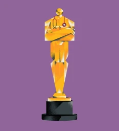 Digital illustration of a golden trophy statue with a stethoscope around its neck against a solid purple background.