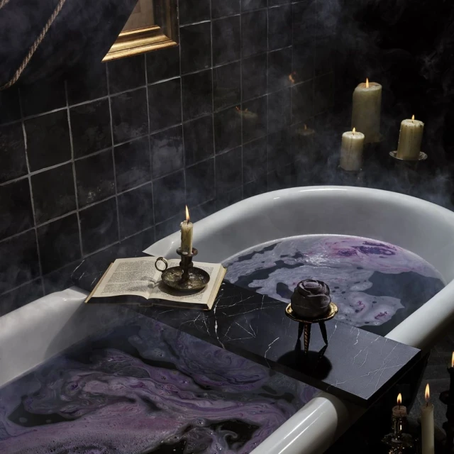 Bathtub filled with purple water, candles, and a book, creating a mystical and relaxing spa atmosphere in a dark-tiled bathroom.