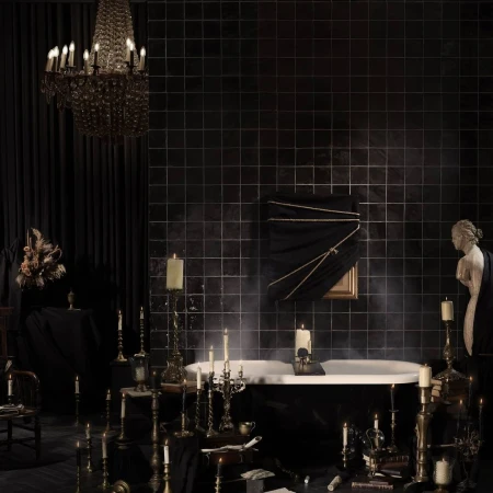 Dark bathroom scene with freestanding bathtub, candles, and chandelier creating a mysterious and elegant atmosphere, featuring vintage decor.