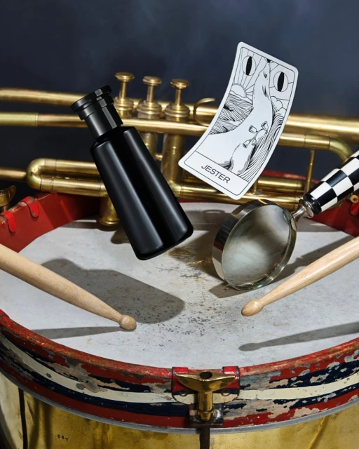 Still life photograph features a black bottle, playing card titled Jester, and drumsticks on a drum with a brass trumpet background.