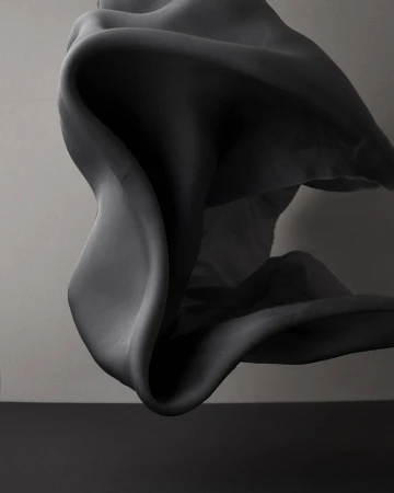 Abstract monochrome photo of flowing draped fabric with smooth, fluid forms and soft shadows against a minimal gray background.