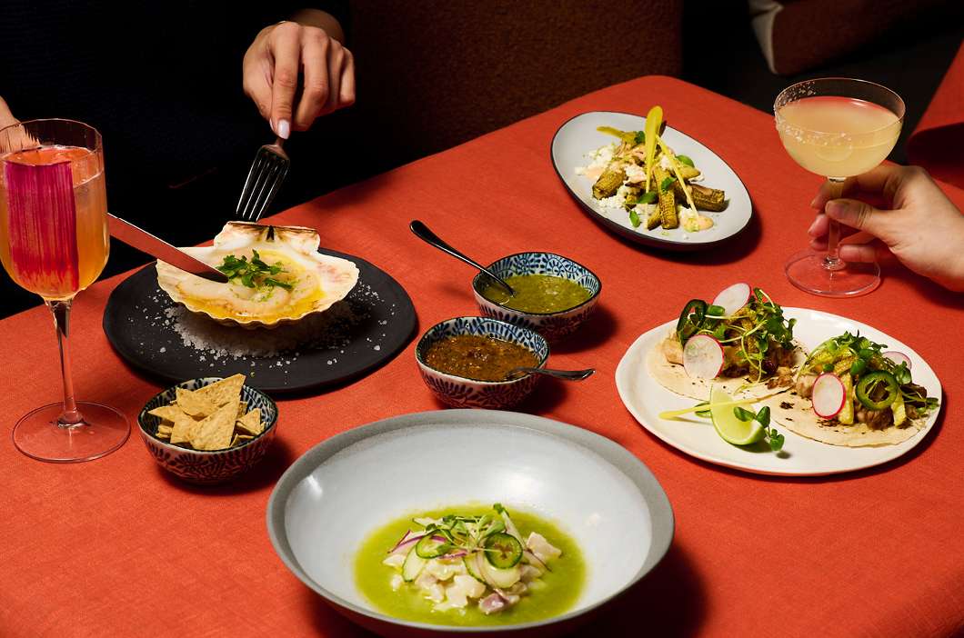 Overhead shot of various gourmet appetizers including shellfish, tortilla chips, tacos, ceviche, sauces, and cocktails on a table setting.