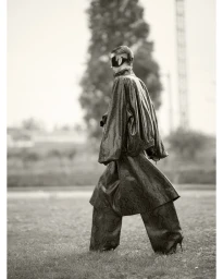 Model walking outdoors in a patterned outfit wearing dark visor-like eyewear photographed by Anuschka Blommers and Niels Schumm in Paris