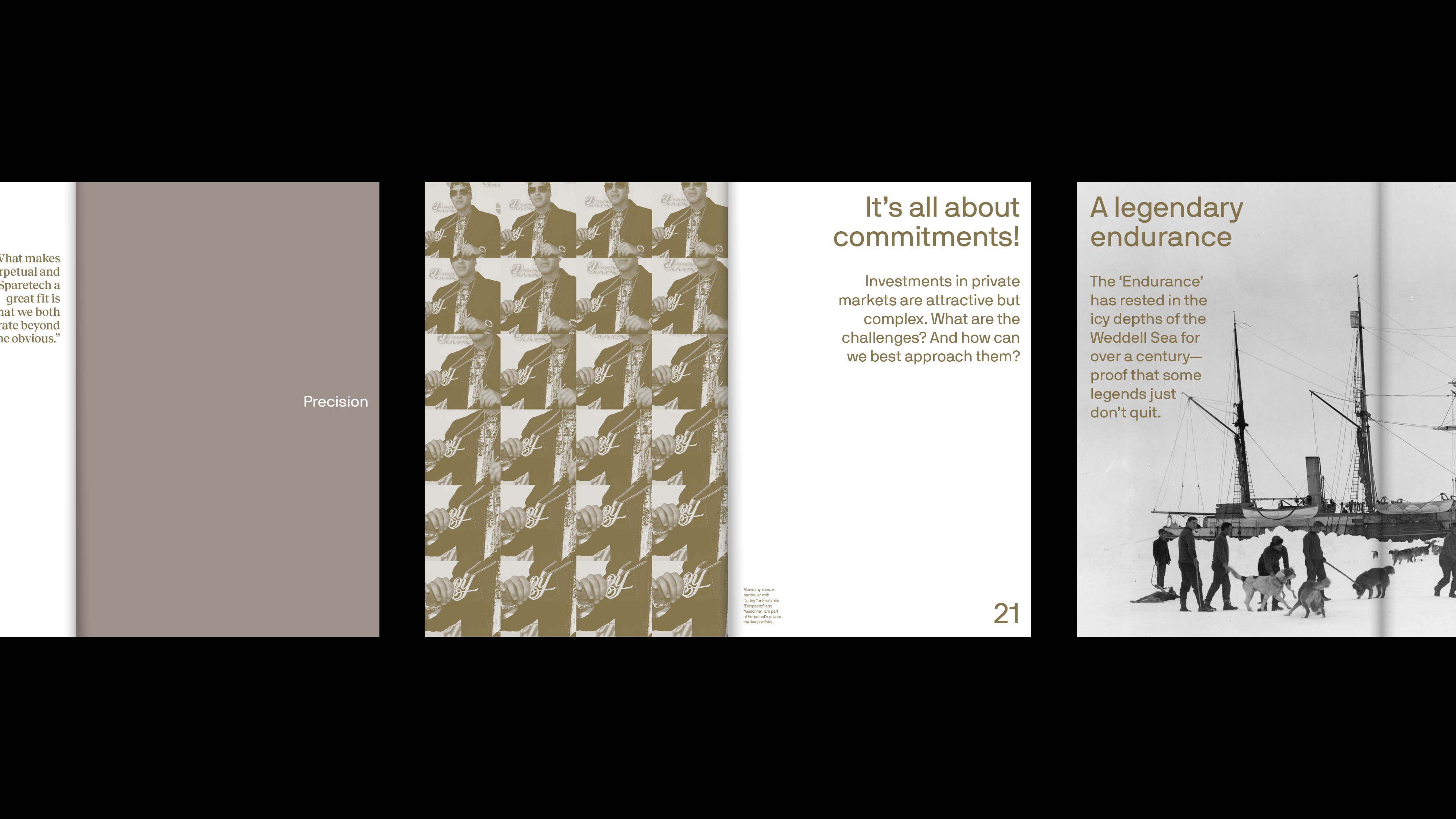 Editorial spread layout featuring a tiled graphic pattern panel and historical ship photography with typography