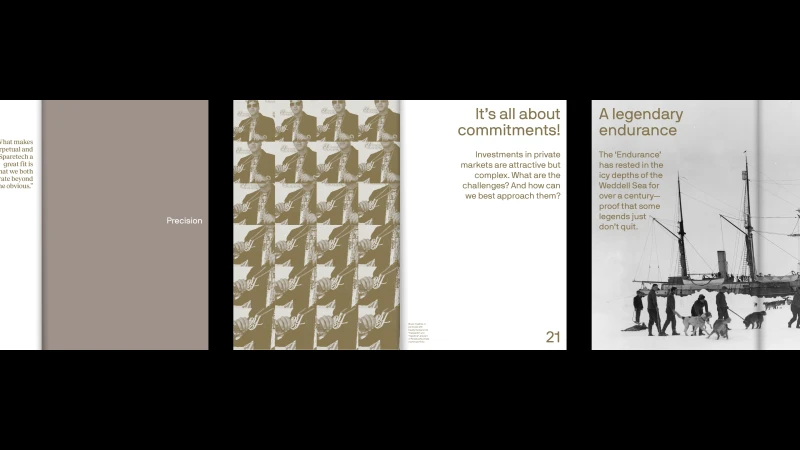 Editorial spread layout featuring a tiled graphic pattern panel and historical ship photography with typography