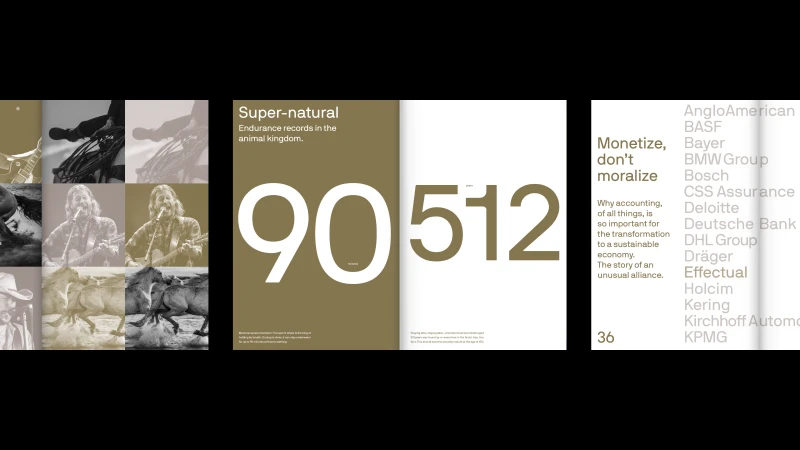 Editorial layout featuring bold typography, large numerals, and muted earthy tones by NAMENAME Creative Partners