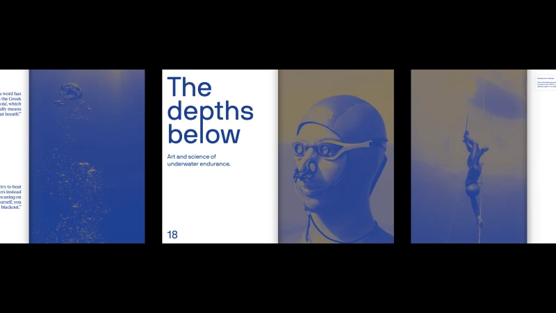 Spreading pages of a publication titled The Depths Below featuring underwater imagery and a diver in swim cap and goggles.