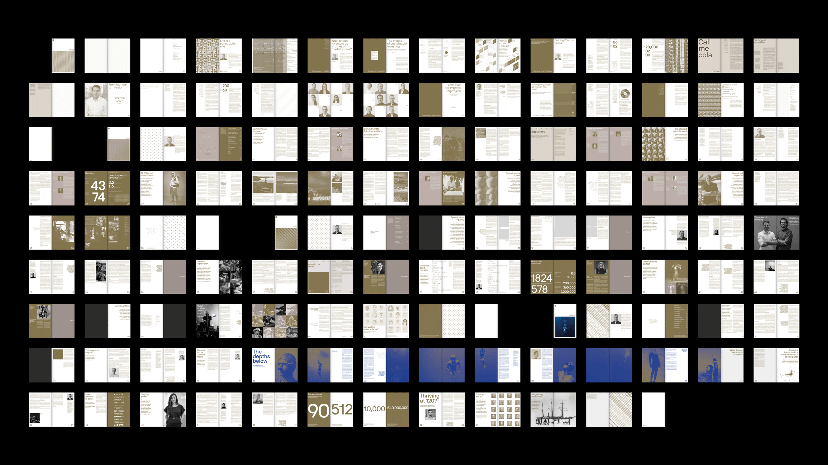 Grid display of editorial book spreads and magazine layouts featuring typography and photographic imagery by NAMENAME Creative Partners