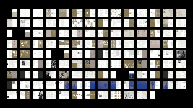 Grid display of editorial book spreads and magazine layouts featuring typography and photographic imagery by NAMENAME Creative Partners
