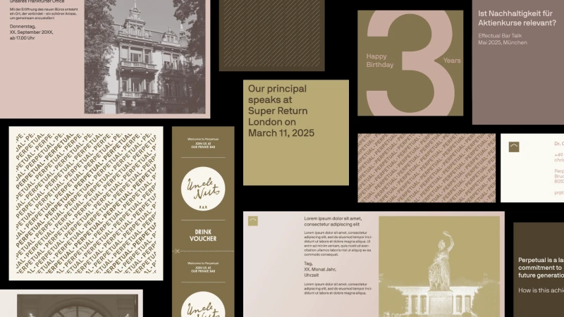 Collage of graphic design layouts featuring typography, muted olive tones, architectural photographs, and brand assets.