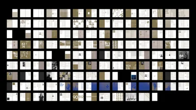 Grid display of editorial book spreads and magazine layouts featuring typography and photographic imagery by NAMENAME Creative Partners