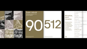 Editorial layout featuring bold typography, large numerals, and muted earthy tones by NAMENAME Creative Partners