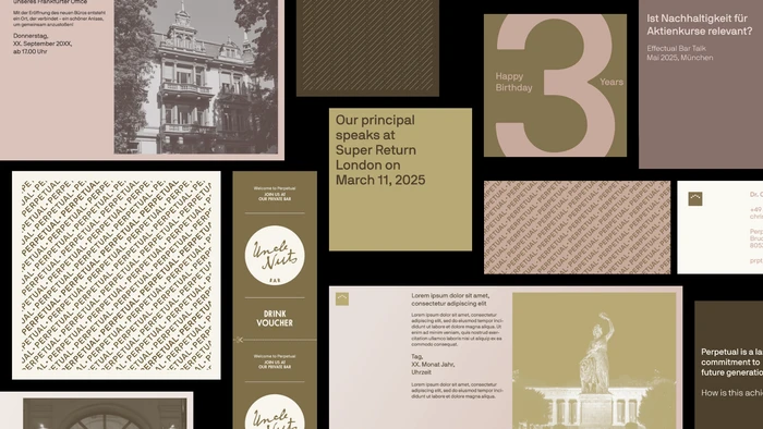 Collage of graphic design layouts featuring typography, muted olive tones, architectural photographs, and brand assets.