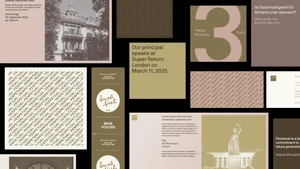 Collage of graphic design layouts featuring typography, muted olive tones, architectural photographs, and brand assets.