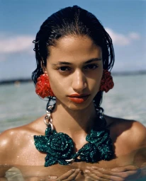 Close-up portrait of a woman with wet hair wearing a large green floral necklace and red earrings in water.