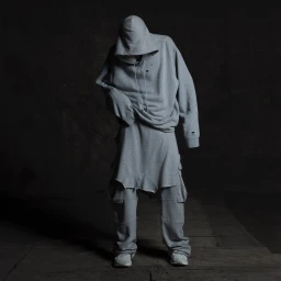 A person standing against a dark background, wearing an oversized grey hoodie and matching cargo pants.