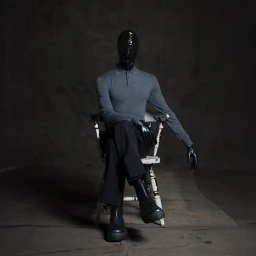 Man with black face covering wearing grey polo shirt and dark trousers seated on a white wooden chair