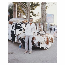 Middle-aged man leaning against a car draped with cowhide pelts in an outdoor setting photographed by Aria Shahrokhshahi