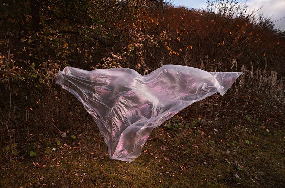 A discarded transparent plastic sheet rests on grass and brown shrubs, photographed outdoors with natural light and an environmental focus.