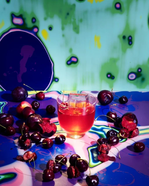 Still life photo of a cocktail in a glass surrounded by fresh cherries and plums on an abstract blue and green patterned surface.